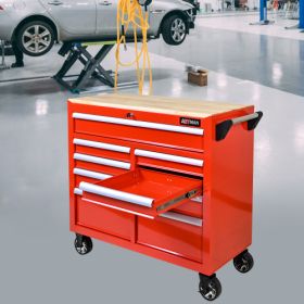 9 DRAWERS MULTIFUNCTIONAL TOOL CART WITH WHEELS AND WOODEN TOP (Color: Red)