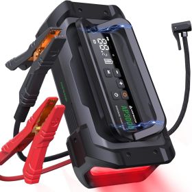 3000A Portable Car Emergency Starter Power Supply With Inflator Function 150PSI Digital Tire Inflator 12V Car Battery Charger With LED Lighting L (Color: Black)